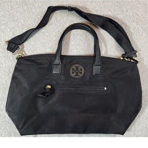 Tory Burch Ella Tote Bag Womens Medium Black Nylon Saffiano Crossbody Strap